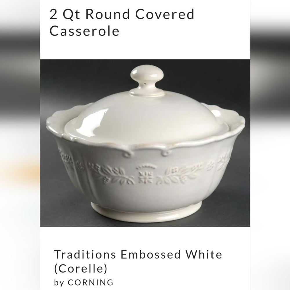 Corelle Corningware Off-White Floral Embossed 2 qt. Round Covered Casserole